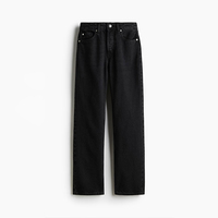 Celana Jeans Wanita Model Lurus Berpinggang Tinggi Kancing Depan, Bahan Katun 100% Bernapas, Dapat Dicuci, Warna Gelap, Kasual, Buatan Khusus untuk Musim Panas