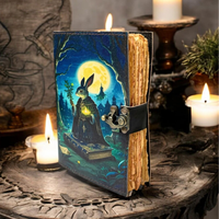 Grand journal vintage fait main en cuir véritable, 400 pages, Grimoire Lapin de Pâques, Livre de sorts vierge, Galaxie Demi-Lune de Noël