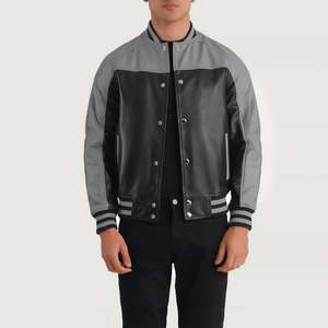 Terrance Vintage Black Grey <b>Sheepskin</b> Leather Varsity <b>Jacket</b> Water-Proof Wool Embroidered Pattern Decoration Sizes XS XL - Product Image 1