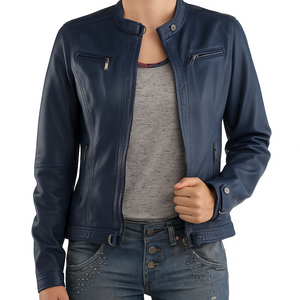 Chaqueta de cuero auténtico azul oscuro para mujer, ropa de abrigo de invierno elegante, chaqueta de moda de cuero genuino hecha en Pakistán Sialkot - Product Image 1
