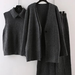 Jersey informal de Invierno para mujer, chaleco con cuello en V, cárdigan irregular, pantalones sueltos, conjuntos de 3 piezas en patrón de lona sólida - Product Image 4