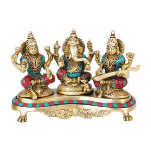 Idole multicolore en laiton de Laxmi, Ganesha et Saraswati, style traditionnel, pour les festivités de Diwali, au meilleur prix - Product Image 1
