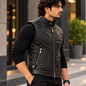 Saleh Premium <b>Black</b> Leather Motorcycle <b>Vest</b> <b>Men's</b> Sleeveless Biker Riding Jacket Zipper Pockets Turtleneck Collar Winter Casual - Product Image 2