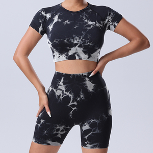 Conjunto deportivo de cintura alta para mujer, Yoga, correr, gimnasio, conjunto deportivo, camisa de manga corta de compresión, pantalones con patrón estampado, parte superior e inferior - Product Image 1