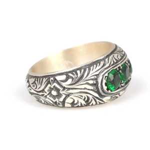 925 Sterling <b>Silver</b> Four-Row Men's Cluster <b>Ring</b> <b>Emerald</b> Green Natural Stone Geometric Pattern Everyday Wear - Product Image 3