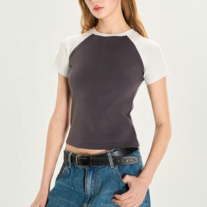 Summer New American Style Slim <b>Raglan</b> Sleeve Crop <b>Top</b> Fit Cropped T-Shirt Solid Ribbed Crew Neck Tee for Women Street Style - Product Image 5