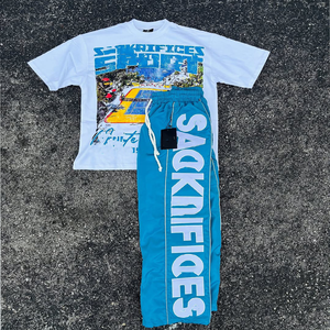 2025 nouveauté hommes Vintage été survêtement ensemble bleu Polyester t-shirt Nylon pantalon empilé Flare Vintage bleu t-shirt pantalon pour - Product Image 4