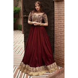 <b>Red</b> Velvet Long A-Line Ball Gown Dress Natural Waist Scoop Collar Customizable <b>Materials</b> for Bridal Wedding Mehndi Walima - Product Image 1