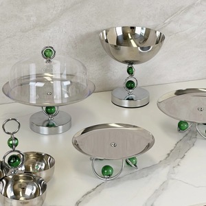 <b>Silver</b> Decorative <b>Bowl</b> with Green Beads Design Elegant Table Centerpiece for Home Kitchen Dining and Living Room Stylish Display - Product Image 4