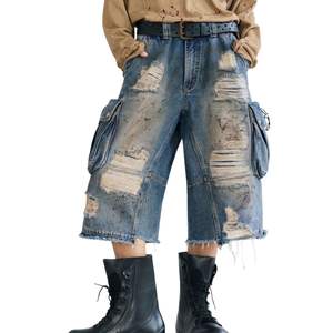 Acid Wash Vintage Distressed Streetwear Hip Hop Trendy Denim Shorts Hombres Verano Transpirable Oversized Jeans Short - Product Image 5