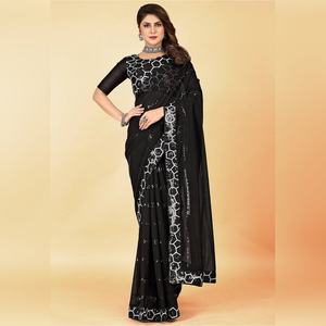 Sari Elegante con Bordado Pesado y Lentejuelas, Tela Premium Dorada con Blusa Sin Coser, para Bodas y Fiestas - Product Image 6