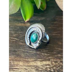 Vintage Navajo Malachite Sterling Silver Feather <b>Ring</b> Size 5.25-<b>Boho</b> Statement Gemstone Jewelry - Product Image 5