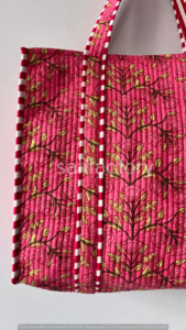 Handmade <b>Large</b> Floral Cotton Tote <b>Bag</b> Block Print Reversible Quilted Zipper and <b>Drawstring</b> Closure for Shopping or Beach Use - Product Image 6