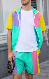 Chándal de nailon ligero con cremallera y cosido personalizado para hombre, conjunto corto cortavientos de verano holgado en blanco de dos piezas - Product Image 5