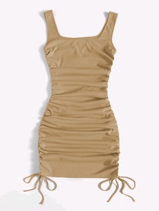 Verano acanalado chaleco vestido cordón plisado apretado elástico cadera falda - Product Image 3