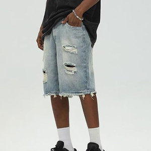 100% coton hommes taille moyenne en détresse Shorts séchage rapide respirant toile uni teint solide impression numérique vêtements de rue - Product Image 3