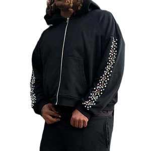 Sweat à capuche zippé en coton épais de haute qualité avec strass, logo personnalisé, streetwear pour hommes, sweat à capuche zippé surdimensionné et court - Product Image 3