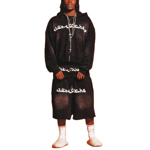 Wholesale Gym Clothing Zip up <b>Hoodie</b> and Shorts Set Custom Sweatsuit Cotton Men Sports Shorts Tracksuit Sets - Product Image 4