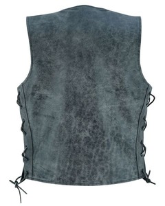 Gilet d'extérieur vintage en cuir véritable souple pour homme noir, construction robuste, col en V, fermeture à boutons, lacets latéraux - Product Image 6