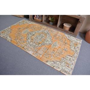 Tapis Turc Vintage 3.9x 7.4ft Orange Beige Plat Tissage Laine Patchwork Motif pour Salon Couloir Décorations Latex Support - Product Image 4