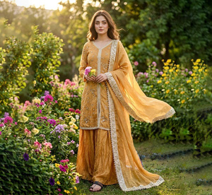 Traje Sharara Tradicional para Mujer PinkCityBlocks, Corte Ajustado, Largo hasta la Rodilla, Reversible, de Secado Rápido, Tela de Seda GMY Pura, para Fiestas y Bodas - Product Image 1