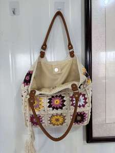 Crochet Rope Braided Tassel <b>Square</b> Sunflower Pattern Red Handbag with Polyester Lining Woven Design - Product Image 6