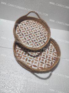 Natural Crafts High Quality Round Rattan Serving Tray with Mother of Pearl Base Stylish Wicker Coffee Tray <b>Sets</b> - Product Image 3