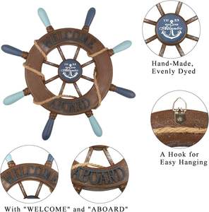 Roue de bateau en bois de plage nautique et ancre en bois de 13 "avec corde volant de bateau nautique décoration d'ornement d'ancre de gouvernail - Product Image 6