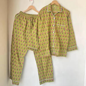 Conjuntos de pijamas florales verdes, ropa bohemia de algodón puro para mujer, conjuntos de pijama con estampado Floral, ropa de dormir cómoda, ropa de dormir suave, regalo para ella - Product Image 1