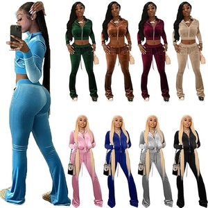Custom Cropped Solid Drawstring <b>Hoodies</b> Flared Pants Breathable Winter Velvet Sweat Suit Women Two Piece Tracksuit Crop Top Sets - Product Image 6