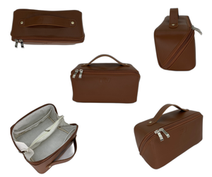 Bolsa de maquillaje Bolsa de cosméticos versátil con logotipo Material de PU marrón claro Bolsa de cosméticos de maquillaje de gran capacidad - Product Image 1