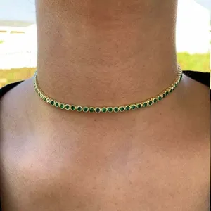 Gargantilla DE TENIS Esmeralda verde simulada redonda de 5 quilates chapado en oro amarillo de 14 quilates - Product Image 3