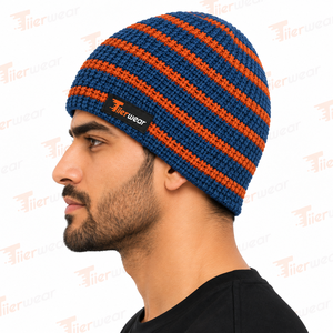 Bonnet en tricot pour homme, rayé bleu orange, chaud et décontracté pour l'hiver, 100% acrylique, fait main pour adultes, respirant, unisexe - Product Image 3