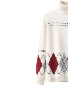 Suéter de Punto Personalizado de Primera Calidad para Mujer, Cuello Alto, Diseño Argyle, Suave y Cálido para Invierno, Estilo Casual, Color Rojo y Gris - Product Image 3