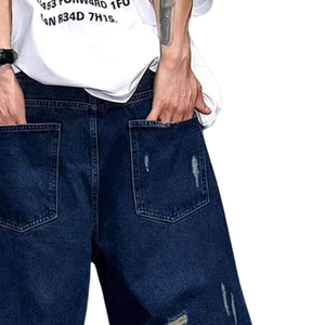 Pantalones Cortos de Mezclilla Azul Oscuro para Hombre, Desgastados, Rotos, Lavados, de Corte Holgado, Hasta la Rodilla, Estilo Casual Urbano, Moda de Verano - Product Image 5