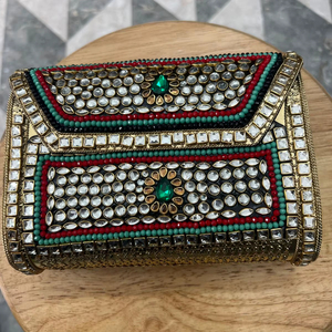 Indian Vintage Fashion Metal <b>Thread</b> and Chains <b>Beaded</b> Mosaic Clutch Purse for Evening Parties Wedding Birthday Gifts - Product Image 2