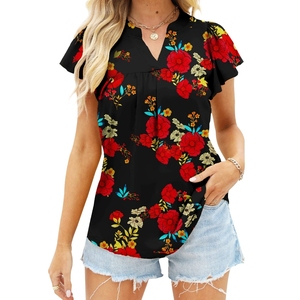 Camisetas de algodón orgánico 100% hechas a medida para mujer, camisetas ajustadas con estampado de patrón de flores para mujer, venta al por mayor - Product Image 1