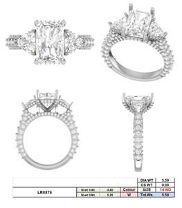 Bague en or 14 carats avec diamant cultivé en laboratoire avec 3 carats Radiant Cut Center & Triangle Side Stones Round Cut Accent Bague de fiançailles - Product Image 3