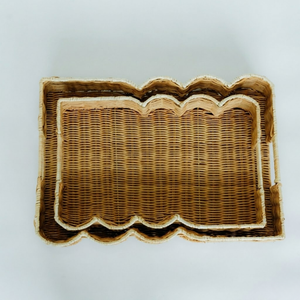 Natural Rattan Scalloped Rectangular Serving Trays Handmade Wicker <b>Basket</b> Set Organizer For Tabletop Kitchen Wholesale - Product Image 3
