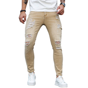 <b>Mens</b> Khaki Solid Mid Rise Ripped Pencil Pants Distressed <b>Stretch</b> Denim Breathable Quick Dry Slim Fit Casual Enzyme Wash - Product Image 1