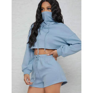 Women's Custom Logo 2-Piece Sportswear Set New Design <b>High</b> Waist Crop Top Shorts Pullover Hoodie Solid Streetwear Full Sleeves - Product Image 3