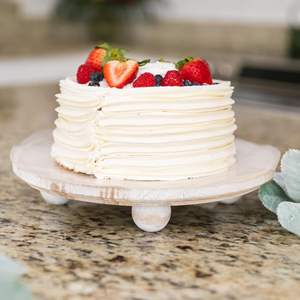 Elevador de bandeja de madera redonda blanca | Soporte de pedestal de granja de madera para decoración y exhibición | Soporte de pastel de círculo rústico con pies blanqueados - Product Image 6