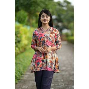 Ensemble décontracté pour femmes rouge multicolore imprimé fleuri doux toile pantalon genou Style occidental bouton décoration pour vêtements de vacances - Product Image 1