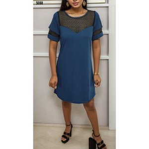 Vestido de Crepé de Manga Corta con Escote Corazón y Detalle de Tul en el Busto para Mujer, 38179 - Azul - Product Image 6
