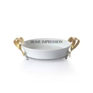 Textura martillada Forma redonda Color plata Brillante Pulido Heavy Duty Metal Hecho Bandeja para servir con hojas chapadas en oro Diseñador - Product Image 5