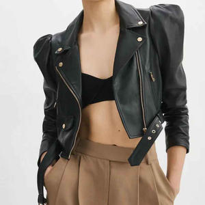 2025 la conception la plus vendue femmes veste en cuir de mouton véritable avec bouton haute couture noir motard style fermeture éclair veste courte - Product Image 2