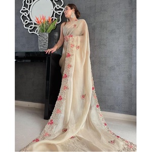 Saree georgette jaune clair de créateur lourd moderne vêtements de fête mariages fêtes tenue de broderie à la mode vente chaude pas cher - Product Image 1