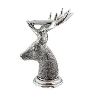 The QUALITY COLLECTION Antique Handmade Wood Deer Head Silver Finished Candle Holder Stand for <b>Table</b> Top Wedding Centerpiece - Product Image 1