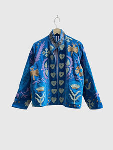 Blue Velvet Embroidered Jacket Mandarin Collar Full Sleeve Plus Size Women'<b>s</b> Floral Pattern Hand Embroidery Autumn Wear - Product Image 1