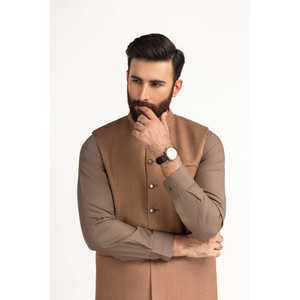 Chaleco Básico para Hombre, Color Marrón Caramelo, Corte Regular, Estilo Casual Elegante, Resistente al Viento, con Botones, de Lona, Poliéster, Tejido, para Verano - Product Image 1